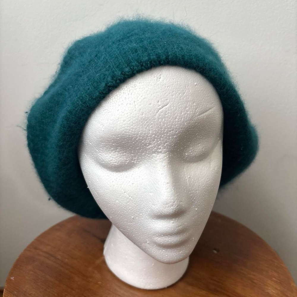 Aris teal blue soft and fuzzy knit angora beret hat